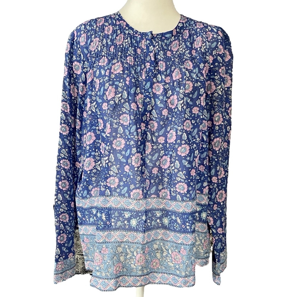J Crew Blouse Womens 14 Blue Floral Print Boho Tunic Long Sleeve Cotton Top